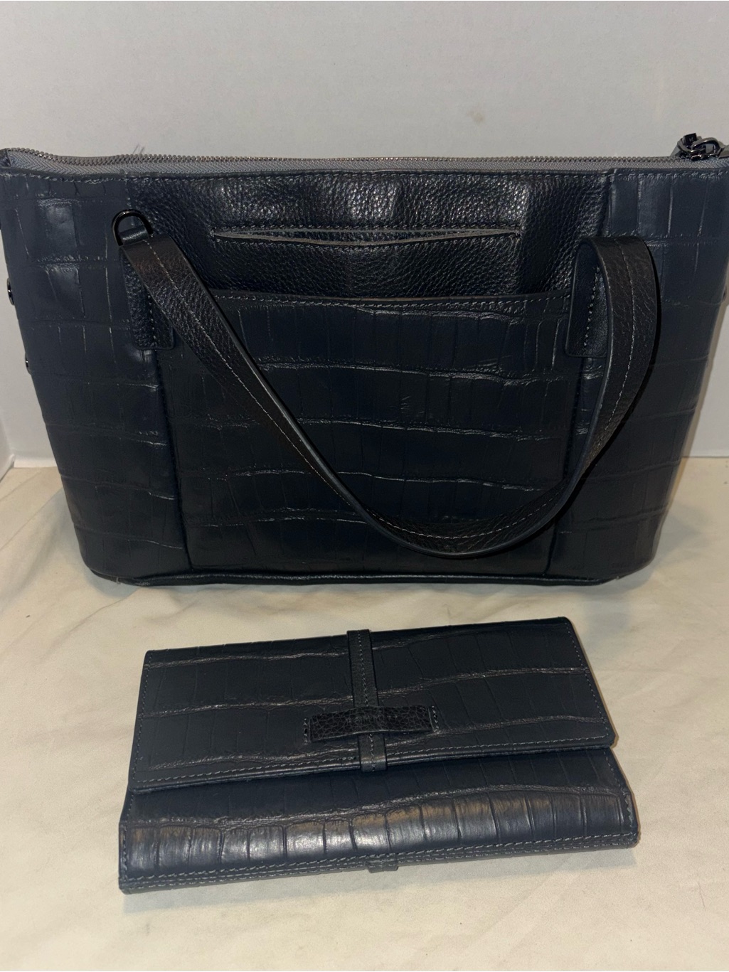 Hammitt Addie Medium Dark Gray Rivers Croco Handbag With Matching Wallet